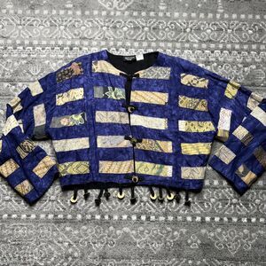 VTG 90s Nativewear Designs Crop Patchwork Jacket Large Coins Blue Boho Hippie